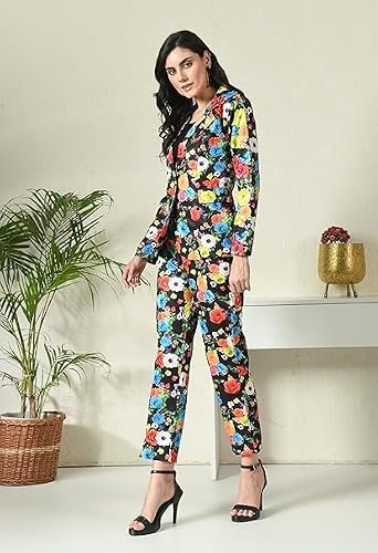 OFFICE PURPLE Women Printed Blazer Pant Set- Women's Casual Office Business 3-Piece Printed Suit, Single-Breastered Blazer Camisole and Pant Set (Multicolour, L)