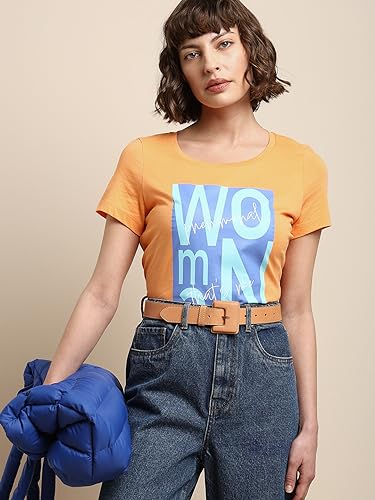 VERO MODA Women Printed Cotton Regular Fit Orange T-Shirt