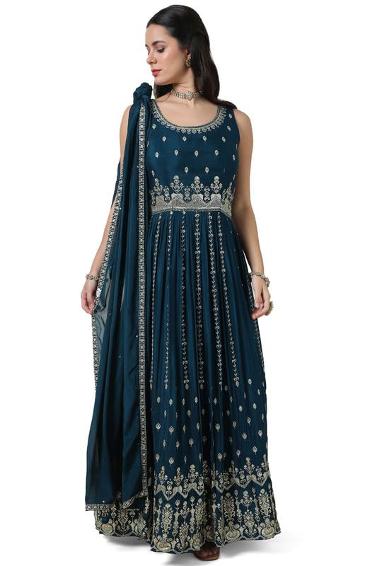 Soch Womens Blue Zari Embroidered Chinon Gown with Stones Work