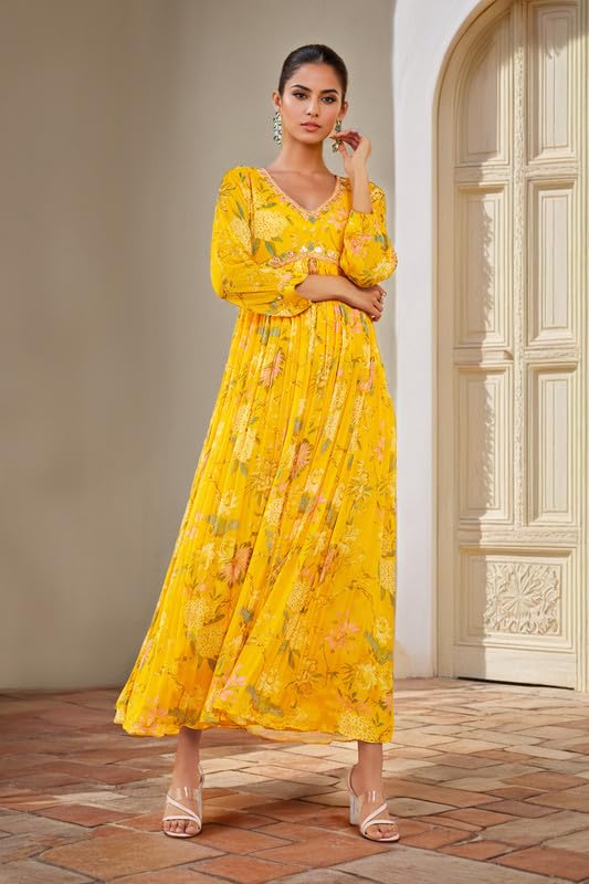 Soch Womens Yellow Chinon Floral Printed Ethnic Dress with Mirror Work