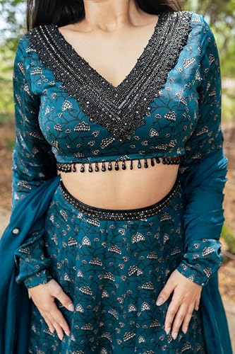 essaySumedha Agrawal Organza Satin Organza Santoon Floral Lehenga for Women (Size: XXL, Teal)