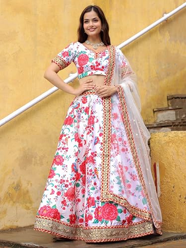Zeel Clothing Women's Art Silk Digital Print With Dori, Sequins, And Stone Work Art Silk Semi Stitched Lehenga Choli With Dupatta (7512-White-Red-Wedding-Floral-Lehenga-Choli; Free Size)