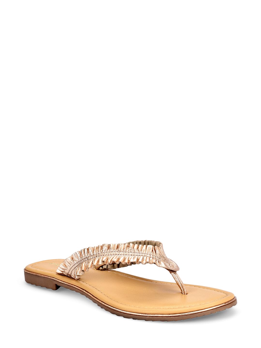 eske Women's Gold Metallic Leather Thong Sandals | Slip-On Flats with Cushioned Leather Insole | Stylish Stitched Strap Design | TPR Sole | Everyday Summer Footwear