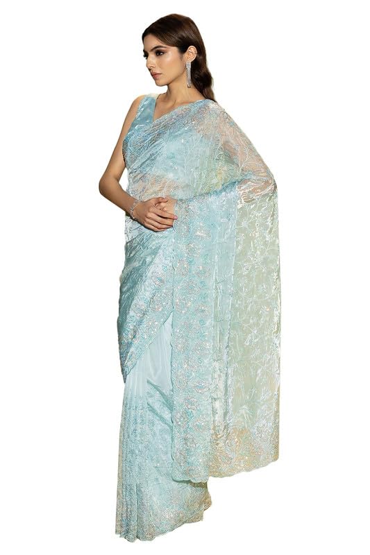 Soch Womens Powder Blue Organza Embroidered Saree With Stones And Sequins