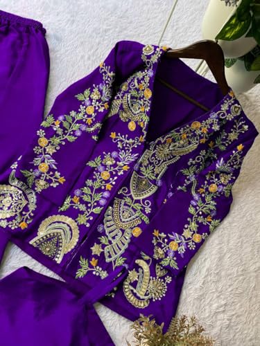 MARUTI FASHION HOUSE Plazzo Set Indo-Western Draped Set For Womens And Girls Ready To Wear Party Koti With Sharara Hevay Apple Chinon Silk Fabric With Work Multi Thread Embroidery Work (Nevy Blue)