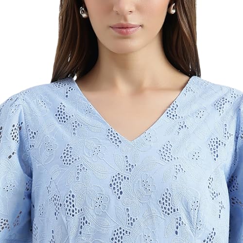 United Colors of Benetton Regular Fit V-Neck Schiffli Embroidered Dress (Size : S) - 26P4WVNDRS83I51B Blue