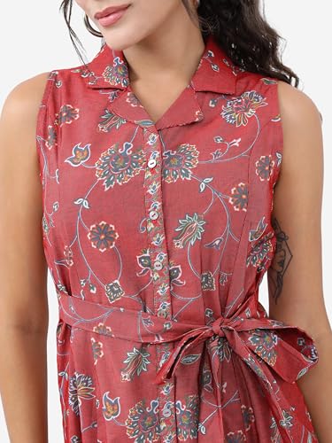 Vishudh Women Sleeveless Collared Neck Dress VNa1002381 Red M