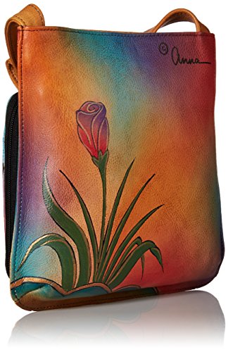 Anna by Anuschka Genuine Leather Slim Shoulder Organizer | Hand-Painted Original Artwork | Rose Butterfly
