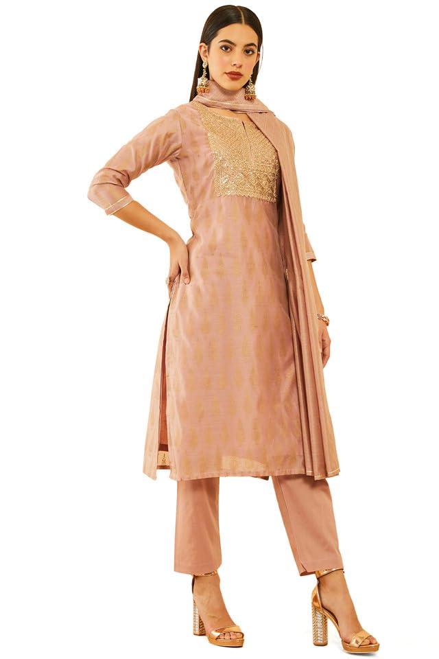 Soch Womens Onion Pink Chanderi Sequinned Embellished Printed Suit Set