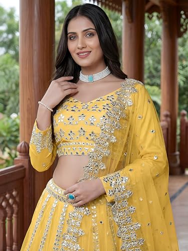 Zeel Clothing Women's Foil Embroidered Net Lehenga Choli With Dupatta (5029-Yellow-Women-Lehenga-Choli-Set, Free size)