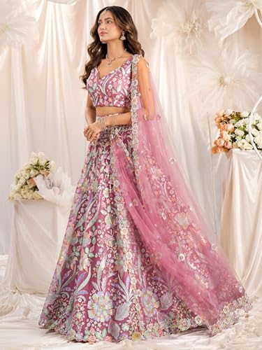 Zeel Clothing Women's Sequins Embroidered Work Soft Net Lehenga Choli With Dupatta (6020-Pink-Women-Lehenga-Choli; Free size)