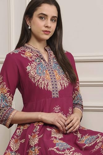 Biba Women Magenta Cotton Kalidar Printed Kurta Pants Set_36