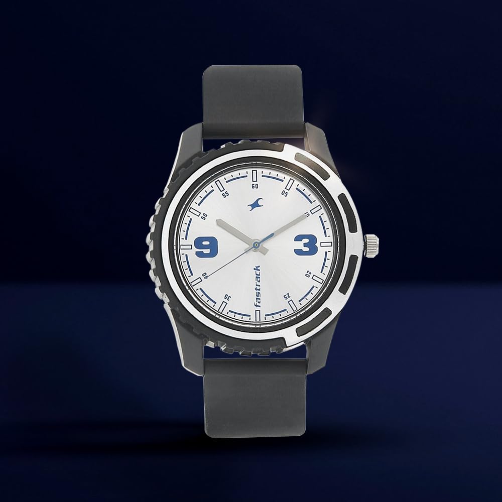 Fastrack Bare Basics Quartz Analog Silver Dial Black Plastic Strap Watch for Guys - NS3114PP02