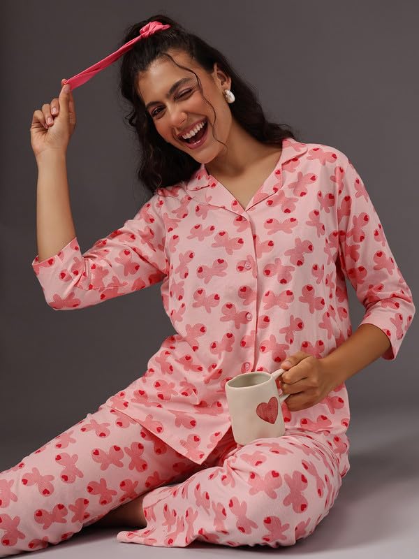 Clovia Women's Cotton Printed Button-Down Shirt & Pyjama Set (LS5585G34_Peach_L)