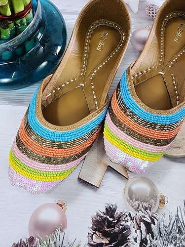 Fulkari Women's Salvia Gold Multicolor Soft Leather Embroidered Jutis | Bite and Pinch Free Jutti | Punjabi Formal Juttis | Girl's Wedding Flat Ladies Mojari | Formal Ethnic Juti | 41