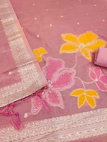 SHANTVAN GALLERY Unstitched Dress Material for Women Cotton Pure Tissue Shimmer Banarasi Zari Weaving Suit Fabric with Semi Cotton Bottom and Jacquard Dupatta Unstitched Suit Set - Pink