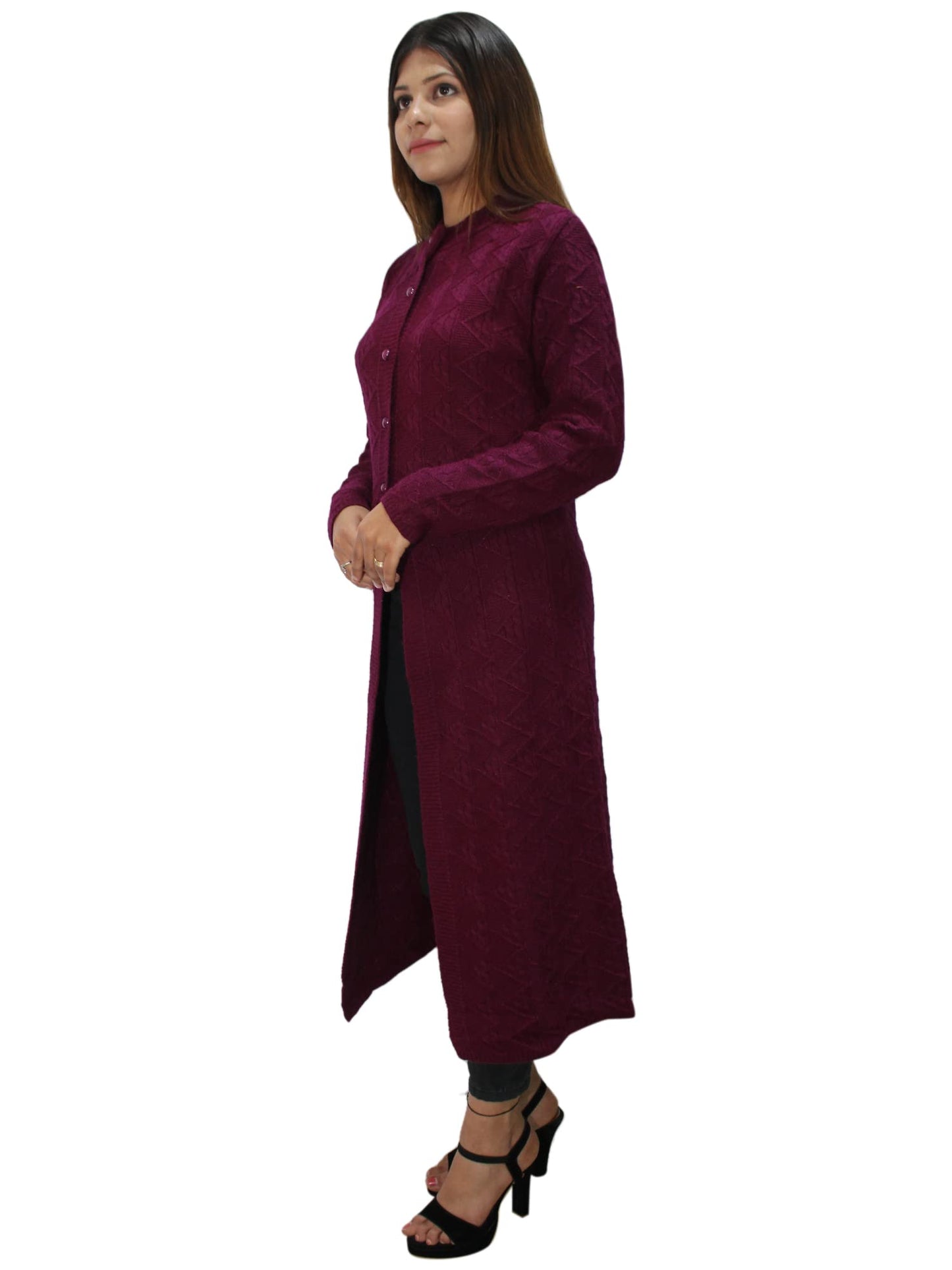 HAUTEMODA Wool Women Wollen Self Design Long Round Neck Coat/Sweater For Winters (Large, Purple)