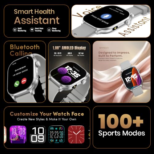 GameSir Sports Edge Smart Watch for Men & Women, 1.88" Full Touch Display, Bluetooth Calling, Fitness Tracking, Message Notifications, Android & iOS Compaatible - (Silver)
