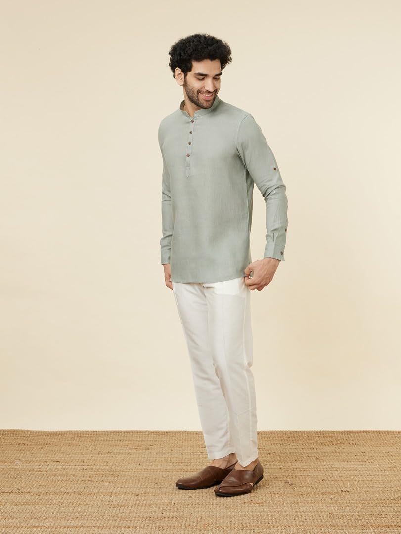 Manyavar Mens Pista Green Linen Short Kurta
