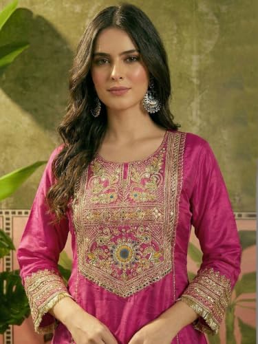 Women's Crepe Embroidered Kurta Set With Dupatta And Palazzo