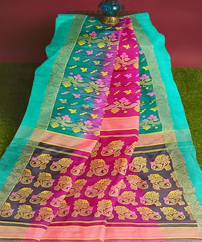 Mayabi Women's Bengali Tant Banarasi Saree with Zari Work and without Blouse Piece - Rani Pink