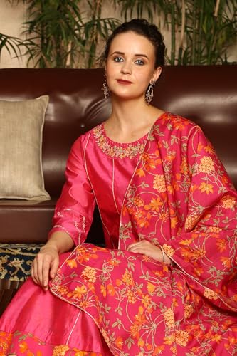 W for Woman Magenta Pink Chanderi Dori Embroidered Anarkali Kurta, Pants and Dupatta Set (Size: XL)-24AUWS11468-221979
