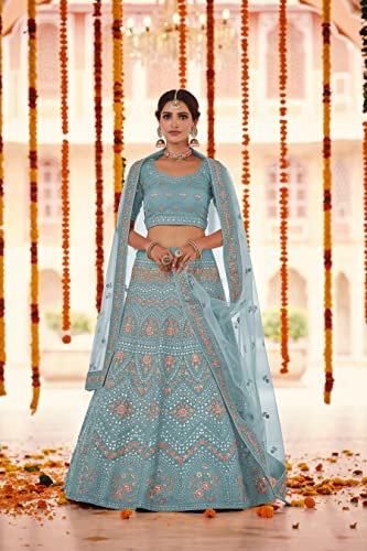 FUSIONIC Turquoise Color Organza Base Gota And Thread Work Lehenga For Women