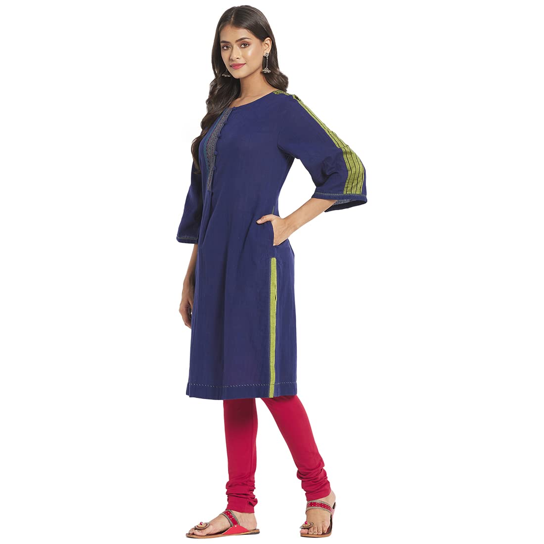 Fabindia Women Round Neck Placket Medium Kurta Cotton_L Navy Blue