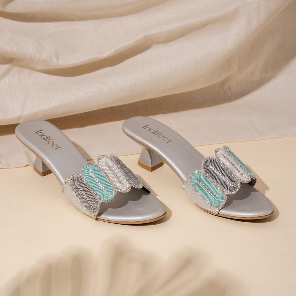 Indifeet - sandals for women, women�s latest stylish heels, ladies fancy traditional function sandal, woman trendy wedding footwear with medium heel, silver