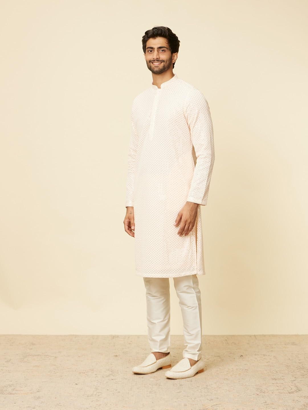 Manyavar Mens Peach Georgette Embroidered Kurta Pyjama Set