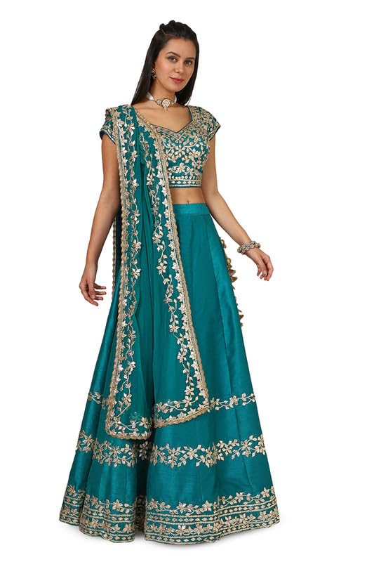 Soch Womens Teal Dupion Silk Ghagra Choli