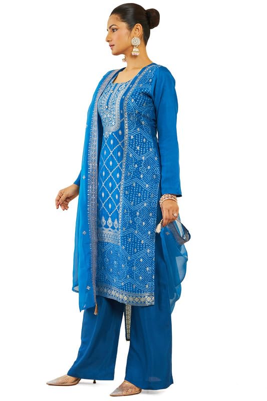 Soch Womens Blue Silk Unstitched Dress Material With Zari Woven Floral Designs And Embroidery