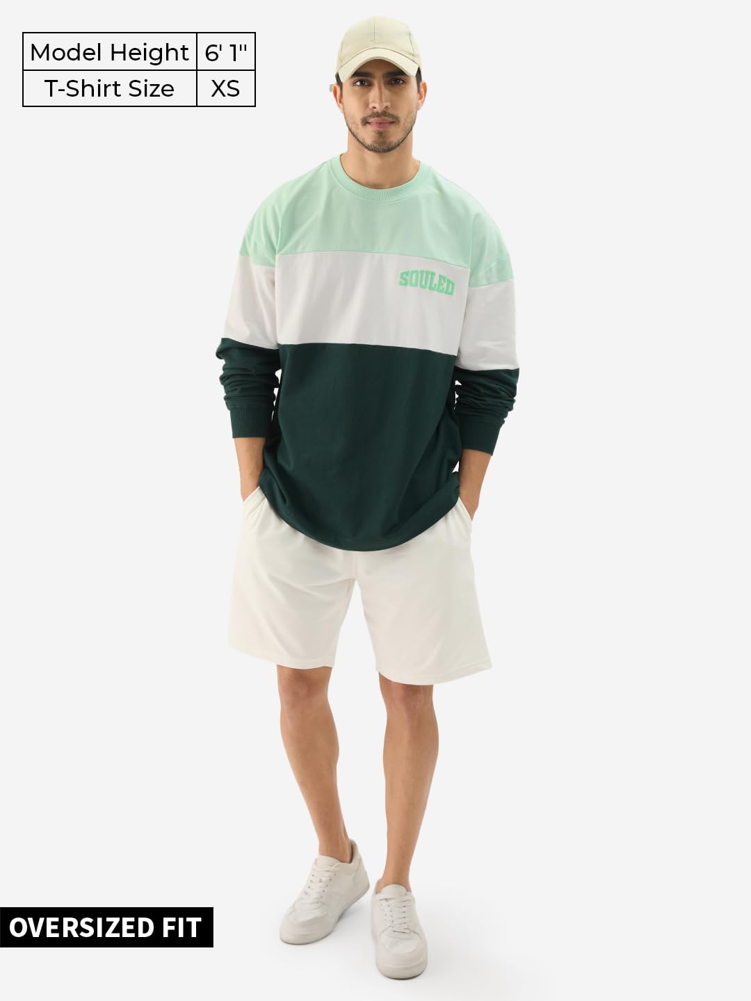 The Souled Store Jasper Men and Boys Round Neck Green and White Colorblock Full Sleeve Oversized T-Shirts Oversized Men's T-Shirts Solid Tees Casual Fashion Relaxed Fit Full Sleeves Round Neck