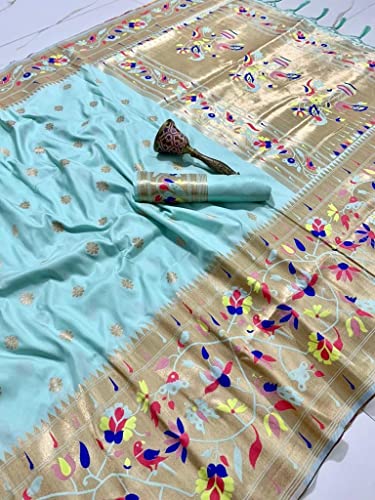 Pandadi Saree Women's Paithani Paithani Silk Saree With Blouse Piece (371PS10_Light Blue)