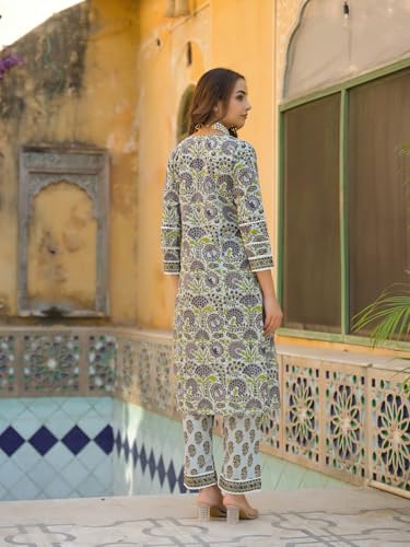 Divena Sea Green Cotton Block Print Kurta Pant with Dupatta