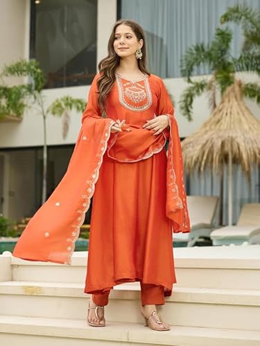 AVYUKTHA | Women Ethnic Motifs Embroidered Kurta with Trors & Dupatta | Traditional Thread Work Kurta Set for Festive & Daily | Orange, Size- M