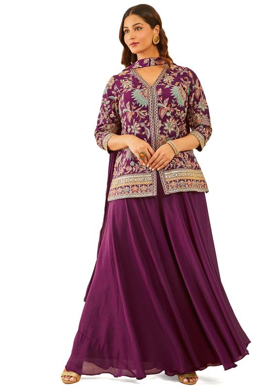 Soch Womens Wine Embroidered Chinon Sharara Suit with Dupatta