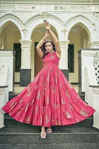 Samprag Rayon Gown for Women | Full Length | Printed | Fit & Flare | Sleevesless | Round Neck | Stylish | Ethenic Dress | Ideal for Casual, Wedding & Party Occassions | Pink | M