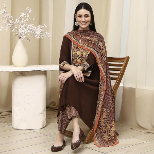 Biba Women's 30'S Rayon Kurta Set (SKDCHAR8178ESS25BRN_Brown