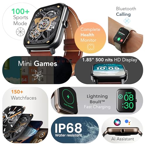 Boult Drift+ Smart Watch 1.85''HD Screen, Bluetooth Calling, IP68, 500 Nits Brightness,150+ Watchfaces, AI Voice Assistant, SpO2 Monitoring, 100+ Sports Mode Smartwatch (Jet Black)