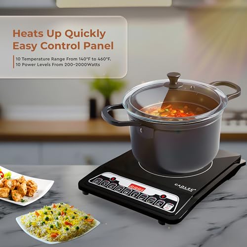 Cadlec CookMate 2000W Induction Cooktop with Crystal Glass | 7 Cooking Modes, Auto Shut-Off, Over-Heat Protection, LED Display, BIS Approved, 2-Year Warranty | Black