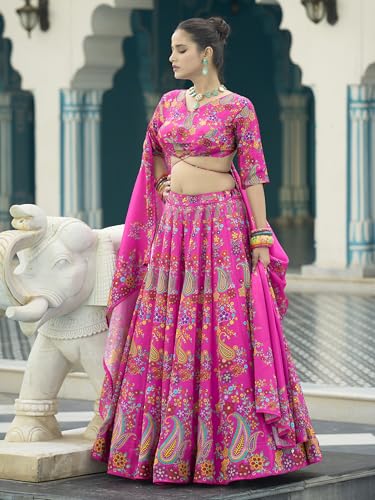 PURVAJA Women's Chinon/Art Silk Semi-Stitched Lehenga choli (Sachi-Pink_Free Size)