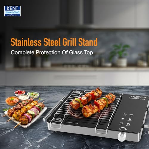 KENT Sunstar Infrared Cooktop 2000W | 3 Preset Menus | Grill Stand to BBQ & Roast | Microcrystalline Glass | Digital Functions with LED Display | Adjustable Temperature Knob | SS Handle |Auto Cut-Off