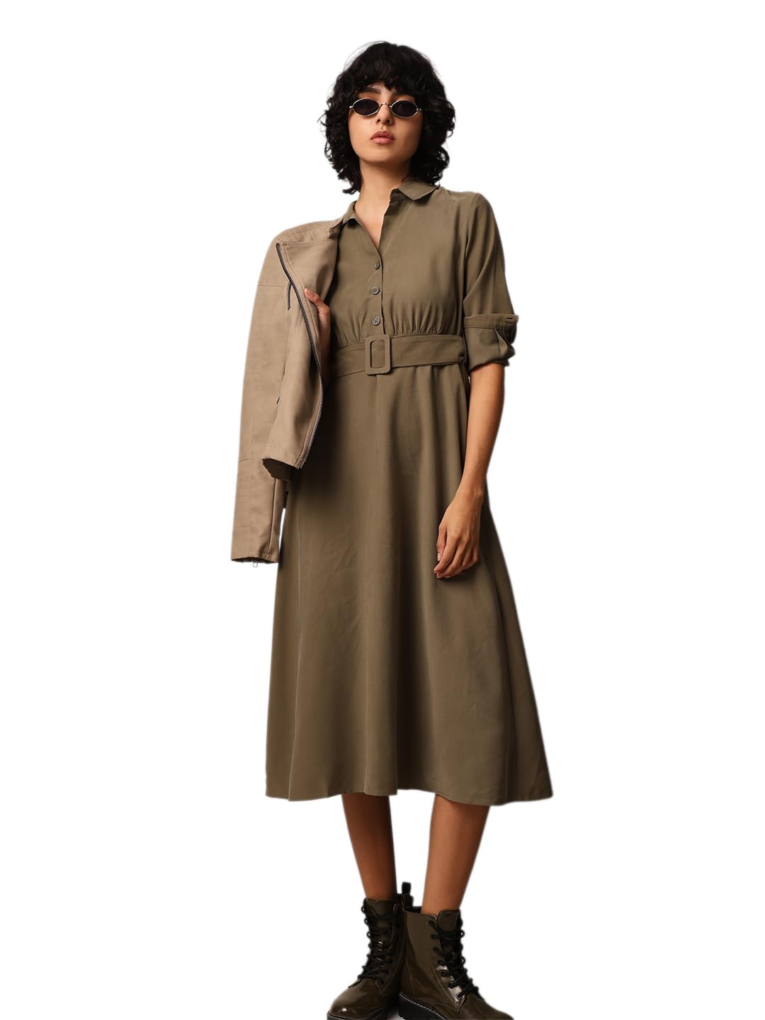 ONLY Women Solid Regular Fit Casual Olive Shirt Dress