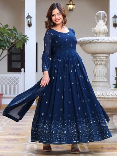 Fashion Basket Women's Georgette Anarkali Lond Dress with Duptta Turquoise