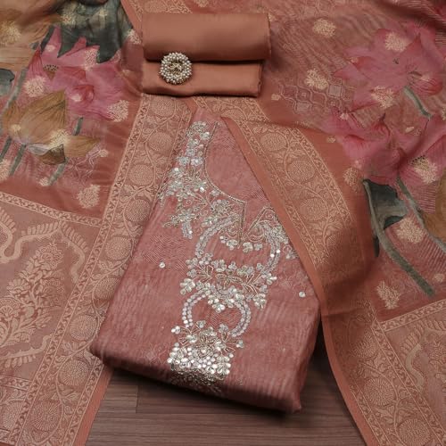BIBA Women Coral Chanderi Printed Embroidered Unstitched Suit Set_FREE SIZE