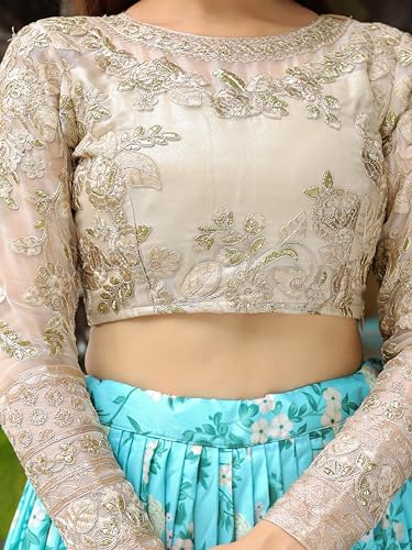 Zeel Clothing Women's Digital Print & Dori, Zari, and Sequins Embroidery Work Organza Lehenga Choli With Dupatta (7606-SkyBlue-Wedding-Women-Lehenga-Choli, Free Size) (SkyBlue)
