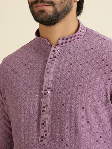 Manyavar Men's Viscose Chikankari Kurta Pyjama Set (Lilac,S)