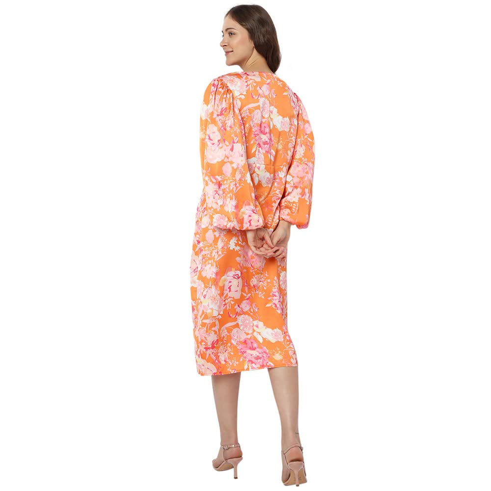VERO MODA Printed Polyester V Neck Women's Midi Dress (Orange,Xs)