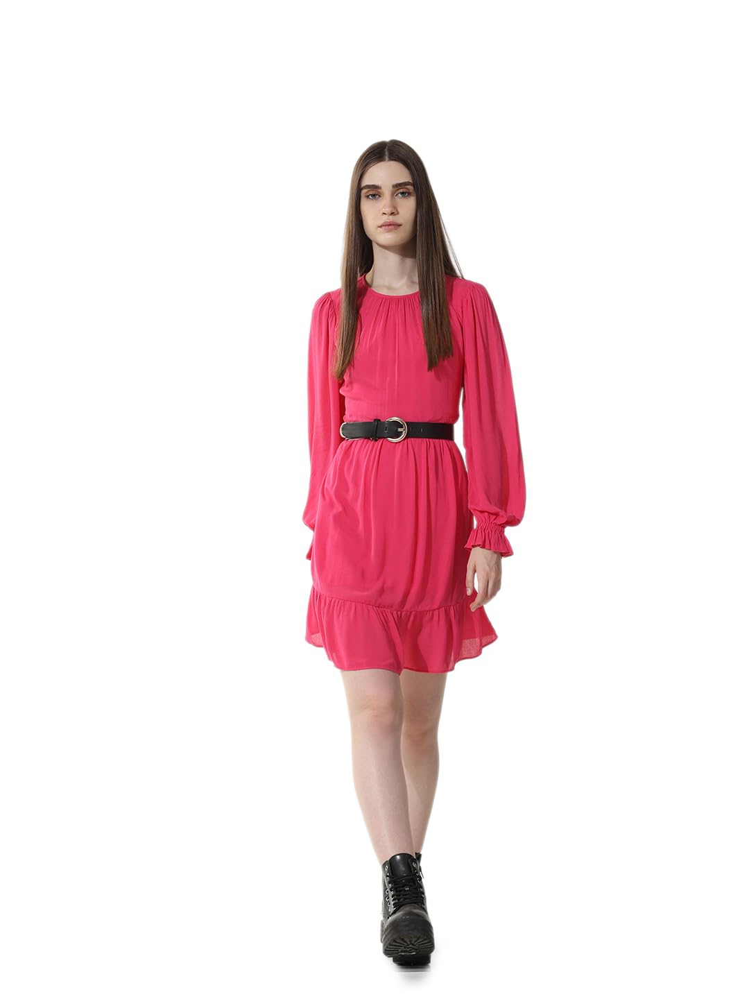 ONLY Women Solid Viscose Above Knee Pink Tiered Dress